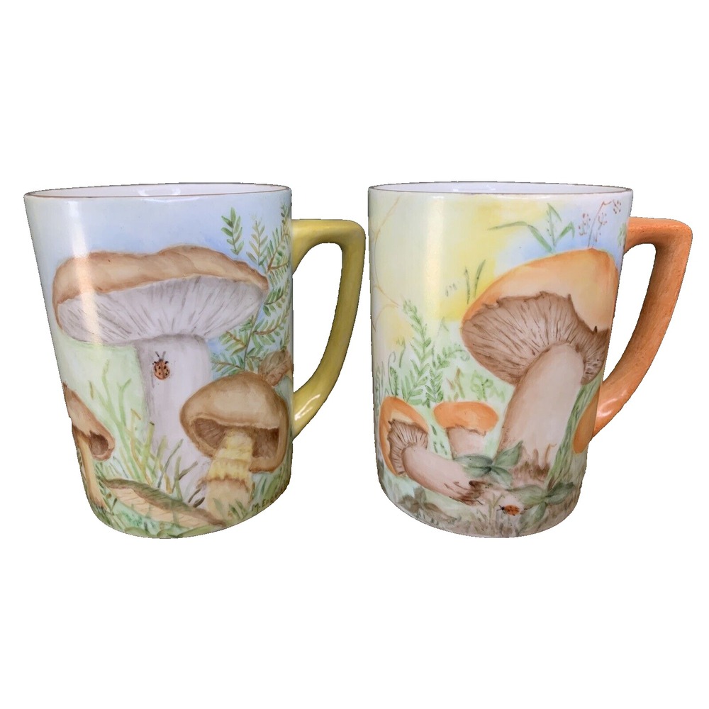 Mushroom Mugs Hand Painted China SET OF 2 CUPS Signed Gold rim Wrapped Art READ